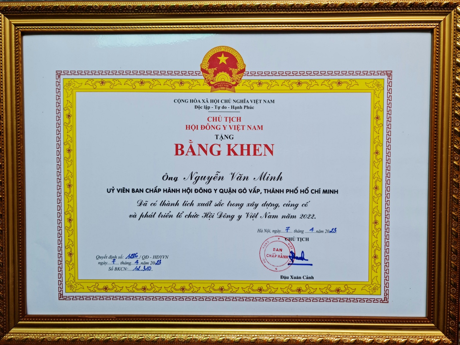 Bằng khen Lương y Nguyễn Văn Minh